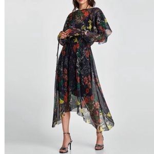 NWOT ZARA Rare Floral Shiny Print Plated Mesh Midi Dress